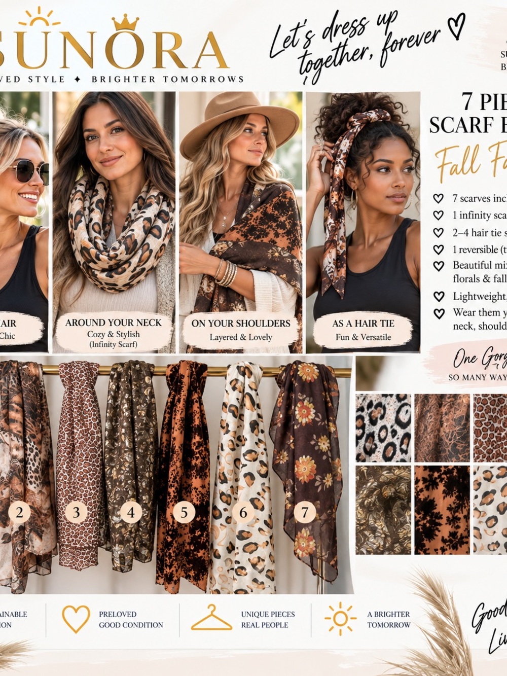 SUNO Brown & Cream Floral and Animal Print Scarf Set